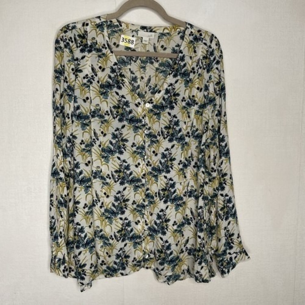 J. Jill Floral Bird Long Sleeve Button Blouse Top Women Large China 100%‎ Rayon